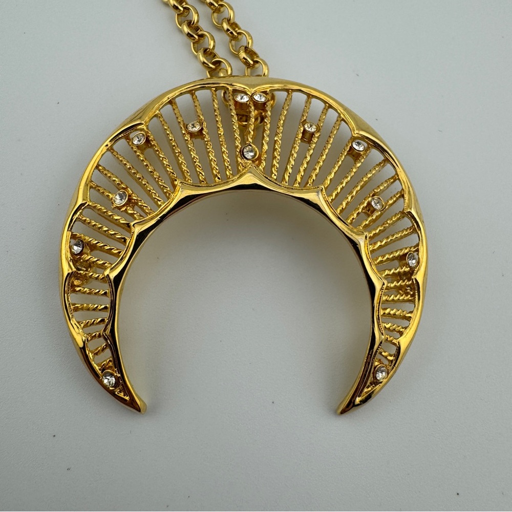 Sparkling Gold Tone Crescent Moon Pendant Necklace | Celestial | Statement - Picture 11 of 11